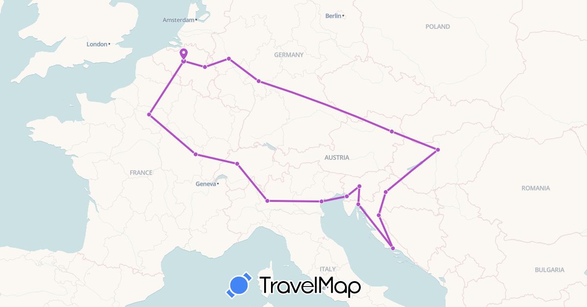 TravelMap itinerary: driving, train in Austria, Belgium, Switzerland, Germany, France, Croatia, Hungary, Italy, Slovenia (Europe)